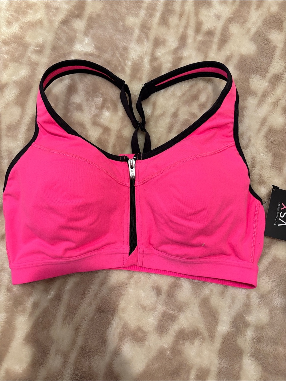VSX Bright Pink Front-Zip Racerback Sports Bra with Black Trim